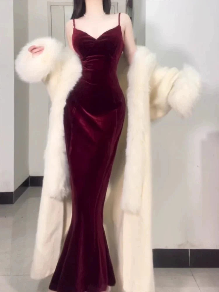 Wholesale Sexy Mermaid Straps Burgundy Long Evening Dress Prom Dresses Birthday Outfits formal wear dresses